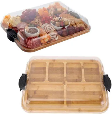 Immagine prodotto di Tagliere per salumi in bambù - 6 scomparti - Portatile - Doppio lato - Design elegante - Ideale anche per formaggi