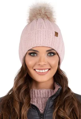 Produktbild von Vivisence Damen Mütze Mit Kunstpelzbommel Hergestellt Aus Warmem Garn Mit Strickmützen Modischem Gewebe Stilvoll Aufgerollt Mit Weichem - Puderrosa