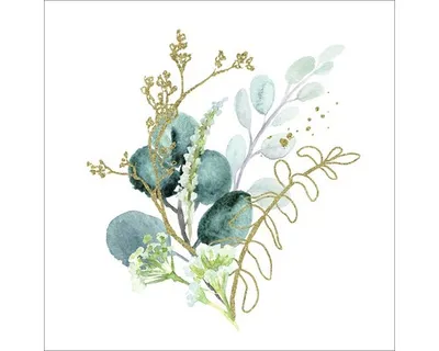 Produktbild von Glasbild Leaves VI, minimalistisches Wandbild mit Blättermotiv in Grün, Blau und Gold, 50x50 cm
