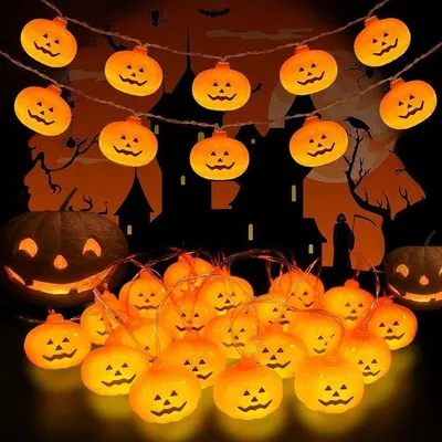 Immagine prodotto di Catena luminosa Unyqoos® a tema Halloween con zucche – 3 metri, 20 lucine a forma di zucca, alimentata a batteria (3 batterie AA, batterie non incluse), grado di protezione IP65 (resistente agli spruzzi), adatta per interni ed esterni, 2 modalità di illuminazione