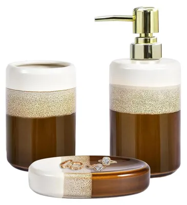 Immagine prodotto di Set da bagno in Vetroceramica, composto da 3 pezzi: dispenser per sapone, portasapone e porta spazzolini, con finitura in smalto reattivo