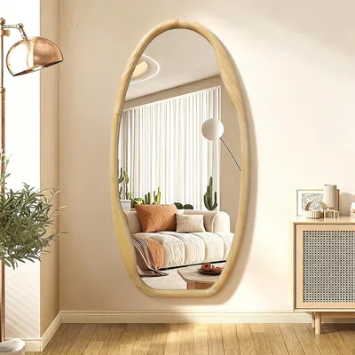 Immagine prodotto di Specchio da parete con cornice in legno irregolare, dimensioni 100 x 50 cm, design asimmetrico e decorativo, ideale per soggiorno o bagno