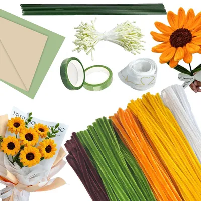 Produktbild von Pfeifenreiniger Set Blumenstrauß 210 Stück in 5 Farben mit Basteldraht, Geschenkpapier, Blumenband