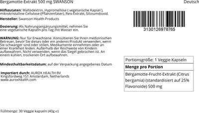 Obrázok produktu pre Bergamot extrakt 500 mg 30 vegetariánskych kapsúl Swanson Health Products