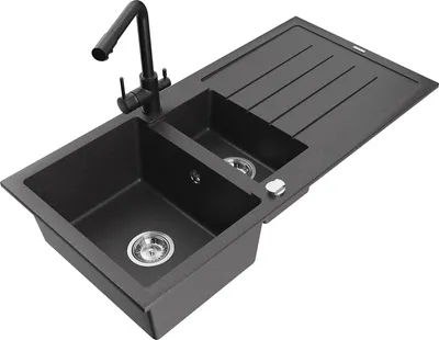 Produktbild von Mexen Andres 1,5-Becken-Granitspüle mit Abtropffläche und Mischbatterie Duero, Schwarz gesprenkelt - 6515-76-671600-70