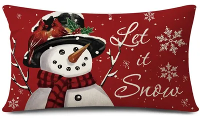 Productafbeelding van Kussensloop, kerstmotief, sneeuwpop, sneeuwvlokken, rood, 30x50 cm, 1 stuk, polyester-linnen