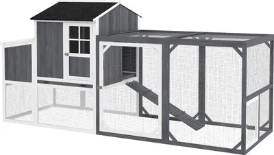 Produktbild von Hühnerstall, 236,5 x 91 x 114 cm Hühnergehege mit Nistkasten, Freigehege, Hühnerhaus aus Holz mit 2 Sitzstangen, wasserfester Anstrich, für 3-4 Hühner, Grau