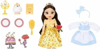 A doll and its accessories are displayed against a white background.
