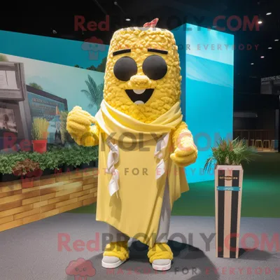 Obrázok produktu pre Maskot spoločnosti REDBROKOLY, žltý popcorn, oblečený v krátkych nohaviciach a šatke