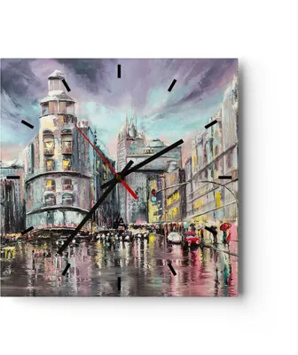 Produktbild von Wanduhr - Quadrat - Glasuhr - Stadt Straße Haus - 40x40cm - Schleichendes Uhrwerk - Lautlos - zum Aufhängen bereit - Dekoration Modern - Wanddekoration aus Glas - C3AC40x40-3440