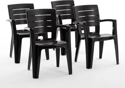 Produktbild von 4er-Set Stühle aus Polypropylen monoblock, stapelbar mit Armlehnen, wasserbeständig, Holz-Effekt für Garten, Terrasse, Restaurant, Bar, leicht zu reinigen - Anita - Anthrazit