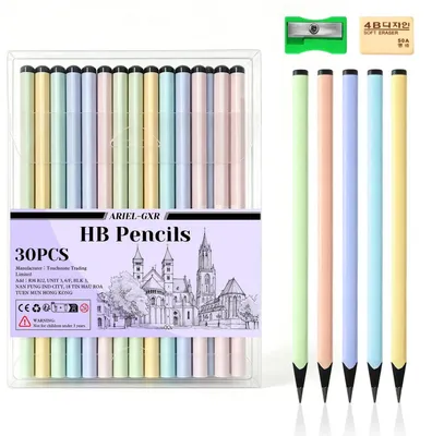 Produktbild von Holzbleistifte HB, 30 Stück Set mit Radiergummi und Spitzer, Dreiecksstifte für Künstler und Anfänger