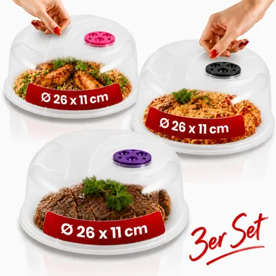 Produktbild von 3er Set Mikrowellenhauben Ø 26 x 11 cm – Transparente Mikrowellenabdeckung mit Dampfventil, Spritzschutz & Tellerabdeckung, KI-generiertes Bild