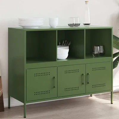 A green metal sideboard with three open shelves on top and three cabinets below, displayed in a room setting.