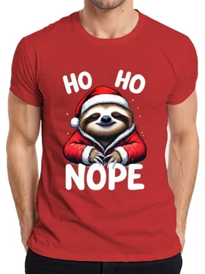 Zdjęcie produktu dla HO HO NOPE świąteczny leniwiec śmieszna czapka Mikołaja zimowy t-shirt męski, czerwony, XXL