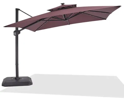 Obrázok produktu pre Záhradný slnečník, 300 x 300 cm - obdĺžnikový - otočný o 360° - s podstavcom a základňou - ochrana pred UV žiarením UV50+ - hnedý