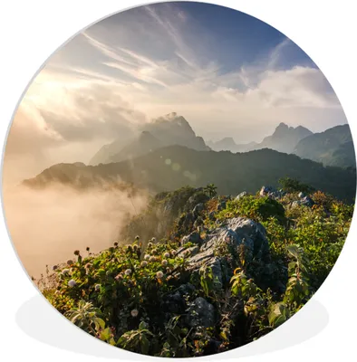 Produktbild von MuchoWow® Rundes Wandbild - Runde Bilder Berg im Nebel Ø 60 cm Kreis Wanddekoration Kunststoff - Wandkreis - Wandschmuck - Wand Kreis - Das Schlafzimmer - Die Bilder - Wandmalerei - Kunst für das Haus - das Plastik
