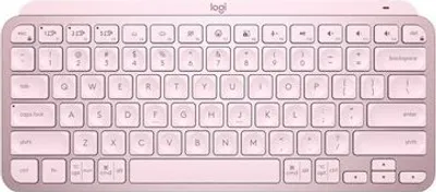 A top-down view of a pink Logitech MX Keys Mini keyboard.