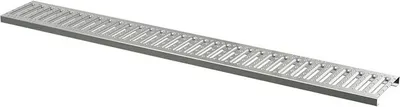 A long, narrow metal grate or drain cover with a series of parallel slots and circular holes.