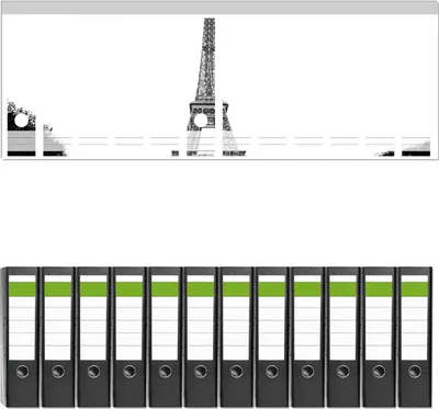 Produktbild von Wallario 12 Stück breite Ordner inkl. Klebeetiketten mit Motive Eiffelturm in Paris - schwarz weiß -  Set mit Rückenschildern / Ordnerrücken Stickern