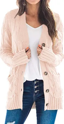 Produktbild von Strickjacke für Damen, Herbst/Winter, einfarbig, Twist-Strick, stilvoll, lässig, langärmelig, Knopf-Strickjacke, Rosa, S