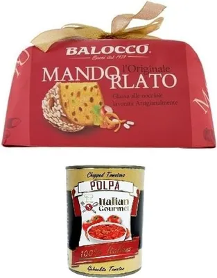 Produktbild von Balocco Panettone Mandorlato - Traditionelles Weihnachtsdessert - Weihnachts Kuchen mit Haselnussglasur, Rosinen und kandierten Früchten Handverpackt 1Kg + Italian gourmet polpa 400g