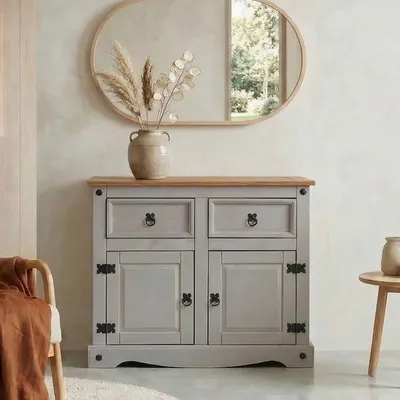 Produktbild von Mexico Kommode RAMON im Landhausstil Kommode aus Kiefer massiv mit 2 Schubladen und 2 Türen, grau/braun