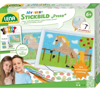 Produktbild von Lena 42625 - Bastelset Stickbild Pferd, Komplettset mit Stickrahmen, stumpfer Nadel aus Metall, Wollgarn, Stickgitter mit Vordruck und Anleitung, für Kinder ab 6 Jahre, Set zum Sticken lernen, bunt