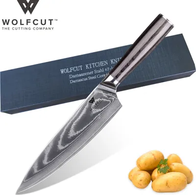 Zdjęcie produktu dla Nóż szefa kuchni damasceński 20 cm 67 warstw stali damasceńskiej, czarne drewno pakka z pudełkiem prezentowym firmy WOLFCUT