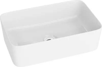 A white rectangular washbasin is shown from a slightly elevated side angle against a white background.