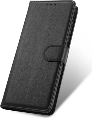 A black leather flip wallet case for a smartphone is shown against a white background.