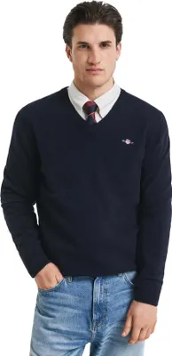 Image de Gant tricoté col V pull bleu foncé uni 100% Laine