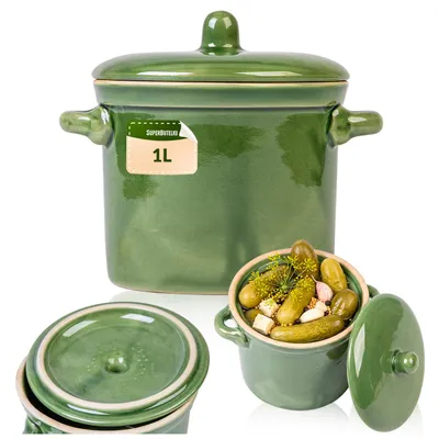 Zdjęcie produktu dla SuperButelki - Garnek kamionkowy 1l, ceramiczna kamionka 1000 ml, do kiszenia kapusty, na masło, smalec w kolorze zielonym
