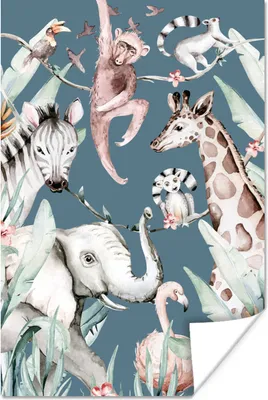 Produktbild von MuchoWow® Poster Aquarellieren - Tiere - Dschungel - Jungen - Blau - Kinder 60x90 cm - Wanddekoration