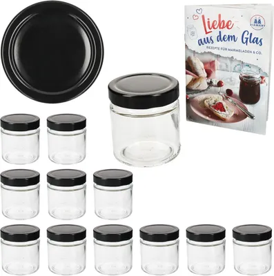 Produktbild von Marmeladenglas MamboCat 12er Set Marmeladengläser 212 ml mit schwarzem Schraubdeckel, Hochrandgläser + Deckel mit Diamantzucker-Rezept, Vorratsgläser