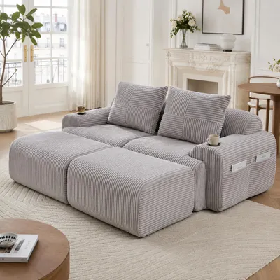 Produktbild von Modulares Cordsofa - 2-Sitzer mit 2 Hockern, Khaki-Hellgrau - Frei kombinierbar - Inklusive Getränkehalter und Aufbewahrungstasche
