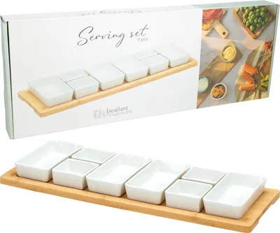 Produktbild von Snackschälchen aus Porzellan AION, auf Bambustablett, 9er-Set