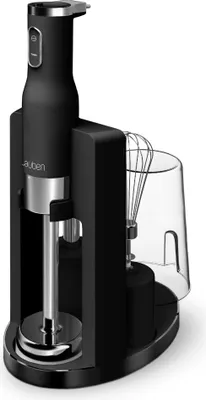 A black stick blender with a silver attachment and a clear plastic whisk attachment in a black stand.