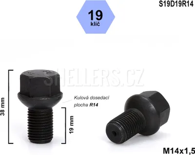Obrázok produktu pre Skrutka kolesa M14x1,5x19 guľa R14, kľúč 19, S19D19R14, výška 38 mm