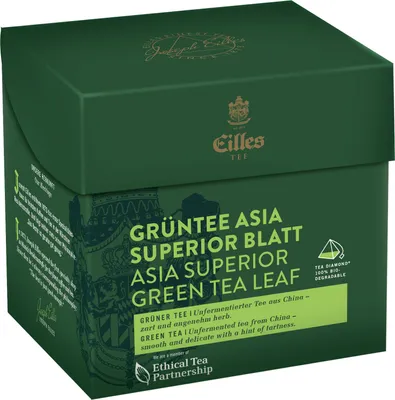 A green cardboard box of Eilles Tea, with text and branding visible.