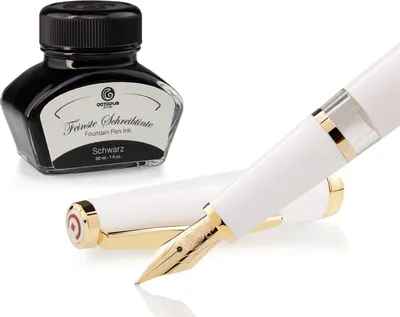 Zdjęcie produktu dla Zestaw pióra wiecznego Cleo Skribent Classic Gold White, pióro wieczne z tłokiem i 30 ml czarnego atramentu