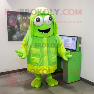 Zdjęcie produktu dla Limonkowa REDBROKOLY postać w kostiumie maskotki komputerowej ubrana w klipsy na płaszcz przeciwdeszczowy i szalik