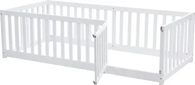 Produktbild von Flieks Kinderbett Bodenbett Holzbett mit Rausfallschutz und Tür, Spielbett Einzelbett für Kinder 90x200cm, Weiß