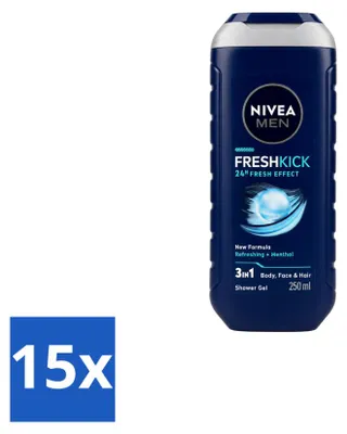 Obrázok produktu pre 15 kusov gélu na umývanie tela Nivea Men Fresh Kick 3 v 1, objem 250 ml – výhodný balík