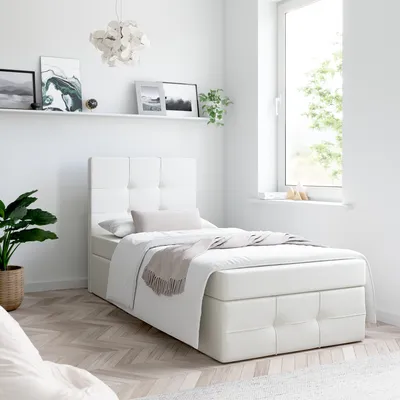 Produktbild von Bett, Boxspringbett MERA PREMIUM MINI 100x200cm - OHNE Topper mit Bettkästen, Einzelbett, Stauraum, Polsterbett, (Kunstleder Weiss - MADRYT 120)