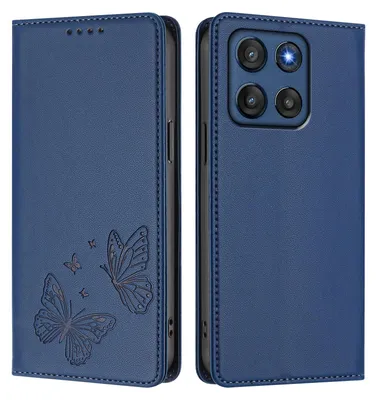 Image de Étui en cuir pour Motorola Moto G Stylus (2026), étui de protection type portefeuille en cuir gaufré « papillon » avec support, bleu foncé