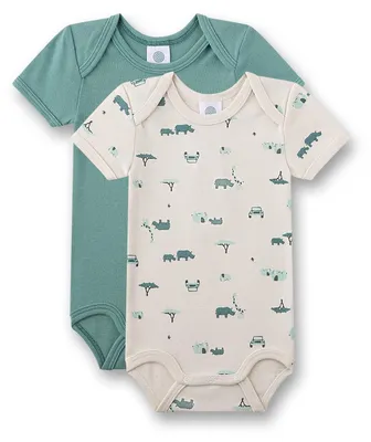 Productafbeelding van Sanetta jongensbody, korte mouwen, beige, safari print | 2-delige set babybodies