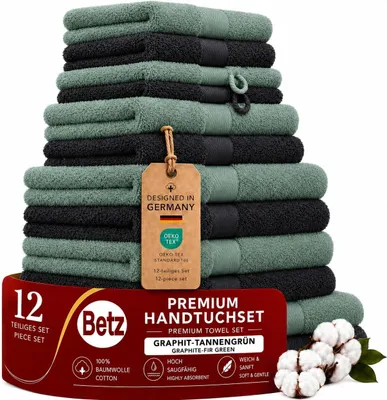 Produktbild von Betz 12-tlg. Handtuch-Set PREMIUM 2 Duschtücher 4 Handtücher 2 Gästetücher 2 Seiftücher 2 Waschhandschuhe  Farbe: graphit / tannengrün