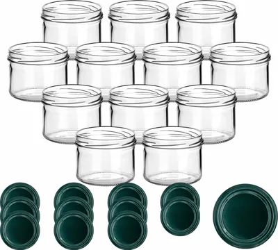 Produktbild von gouveo 12er Set Einmachgläser 230 ml rund mit Schraub-Deckel grün - Vorratsgläser mit Drehverschluss TO82 - Marmeladenglas, Schraubglas