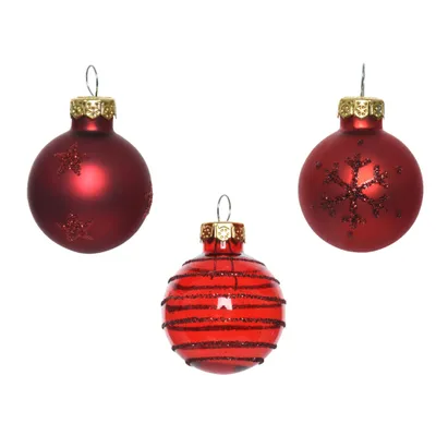 Produktbild von Weihnachtskugeln Glas mit Motiven 3cm 9er Set Rot Mix transparent